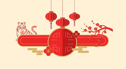 Happy Chinese New Year 2022 Imlek Celebration with Tiger, Lanterns, and Blossoms - Festive Asian Holiday Design