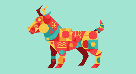 Vibrant geometric goat illustration for Imlek celebration, embodying the spirit of Chinese New Year with colorful abstract patterns and zodiac symbols, a festive and modern graphic design