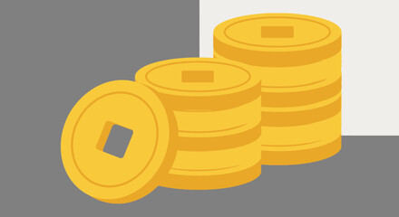 Golden ancient coins stacked, featuring classic square holes, embodying prosperity and good fortune. An essential graphic element for Imlek and Chinese New Year cultural celebrations and designs