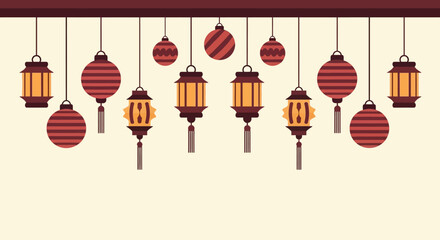 Imlek and Chinese New Year festive illustration. Traditional hanging lanterns and decorative ornaments symbolize prosperity, good luck, and cultural celebration