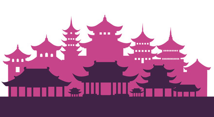 Vibrant Imlek and Chinese New Year Celebrations Traditional Architecture Silhouettes Reflecting Festive Atmosphere and Cultural Heritage