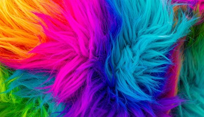 Fototapeta premium Vibrant rainbow colored faux fur texture with soft fluffy hair and bright neon multi-color gradient for creative backdrop