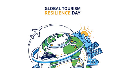 Fototapeta premium Illustration of a globe with a plane flying around it, symbolizing Global Tourism Resilience Day with a theme of sustainability and recovery.