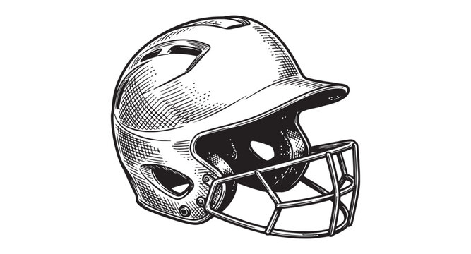 Modern baseball catcher or softball helmet with protective face cage vintage hand-drawn engraving style.