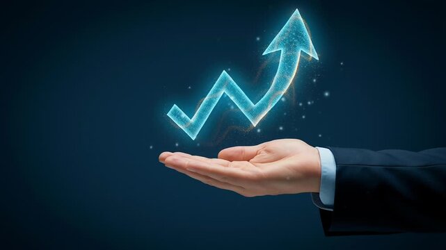 Digital financial planning, smart money habits for passive income and business growth with productivity and innovative strategies showing success and upward arrow in hand