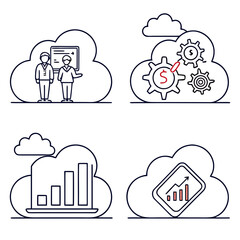 Four cloud icons with business and technology concepts