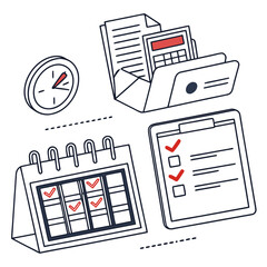 A collection of office supplies and time management tools