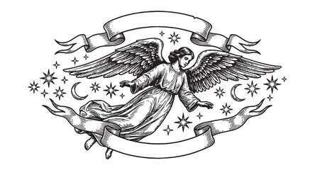 Winged celestial angel flying through a starry sky holding a magic wand over the earth vintage engraving style. © trianatio