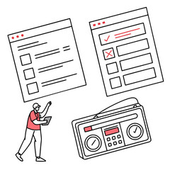 A person interacts with a radio and checklist forms