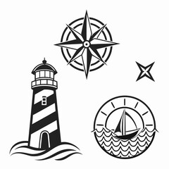 A black and white image of nautical symbols