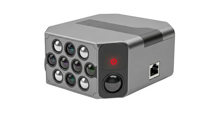 Obraz premium Small gray electronic device with buttons and red light on front panel isolated on transparent background
