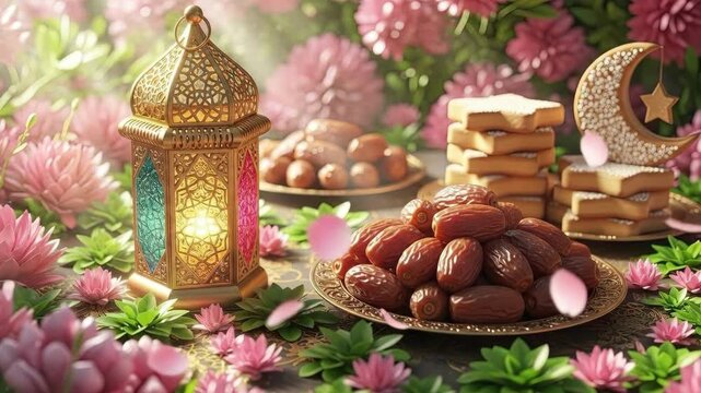 Golden Ramadan lantern with dates and festive cookies. Islamic festival celebration for Holy Month. Traditional Iftar meal decoration.