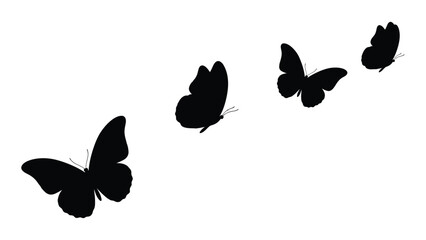 Naklejka premium Four black butterfly silhouettes flying in a diagonal pattern on a white background isolated on white background, Vector