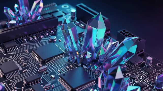 Close up view of iridescent crystals growing on a circuit board, symbolizing quantum computing and advanced technology.