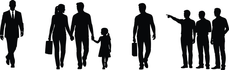 Silhouette people walking, business briefcase, family holding hands, confident man, pointing gesture, group standing, lifestyle vector, teamwork concept, design bundle, stock art