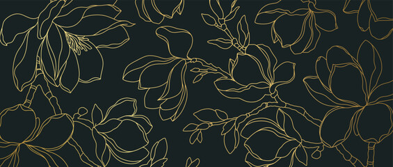 Luxury floral pattern with golden magnolia blossoms in line art style. Hand drawn flowers on a black background. Vector illustration for card, banner, print, cover, wedding invitation, packaging © Feodora_21