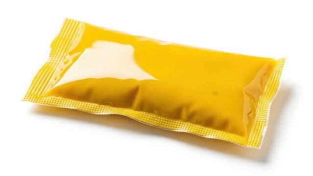 A single yellow condom packet on a white background