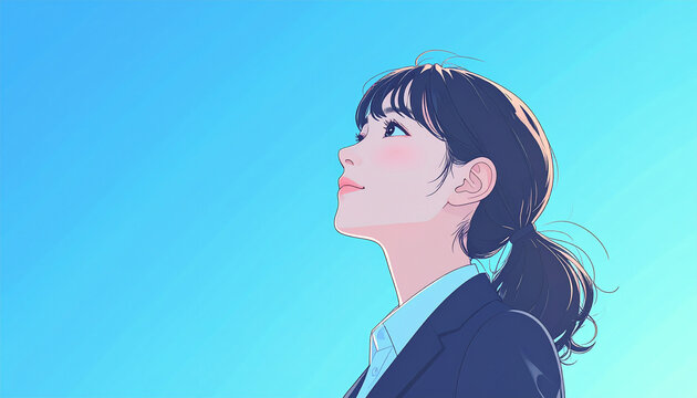 スーツを着て青空を見上げる若い女性のイラスト（生成AI ）	