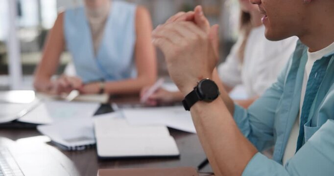 Hands, man and talking with staff in office for discussion, planning and article feedback. Person, explain and team listening to advice, brainstorming and communication with publication tips of story