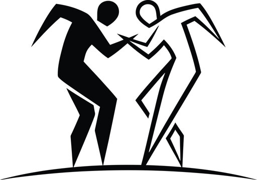 Stylized stick figure illustration of two people dancing or fighting, minimalist vector icon