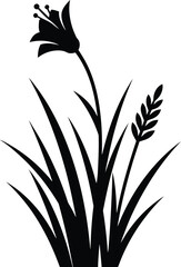 Obraz premium Black silhouette of lily flower and grass on white background, minimalist vector icon
