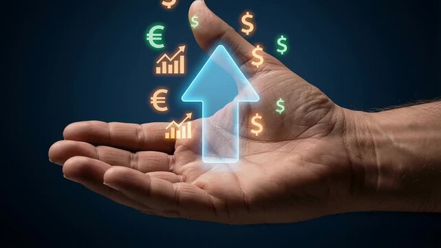Digital financial planning with smart money habits and currency symbols in hand drives dollar and euro growth for passive income and business financial success