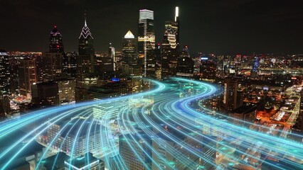 Digital graphic showing 5G line connections over an urban American city at night © TechAnimationStock