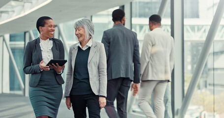 Office, hallway and women with tablet, laughing and criminal attorney with info for case or...