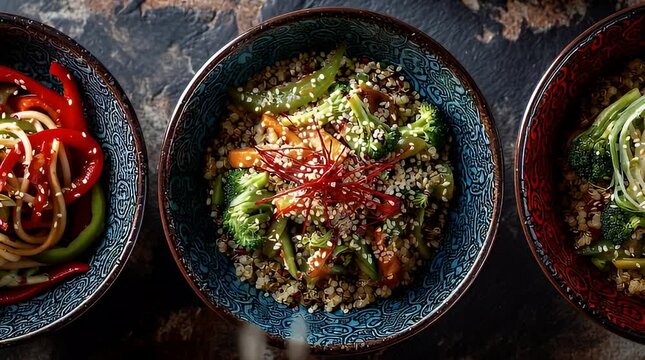 Three Bowls of Delicious Asian Inspired Noodle Dishes.