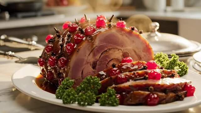 Savory glazed holiday ham prepared for a festive dinner with candied cherries and fresh parsley