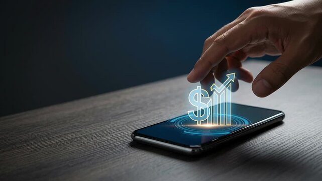 Digital financial planning smart money habit passive income business productivity concept with hand touching smartphone screen showing dollar sign and growth chart for money management