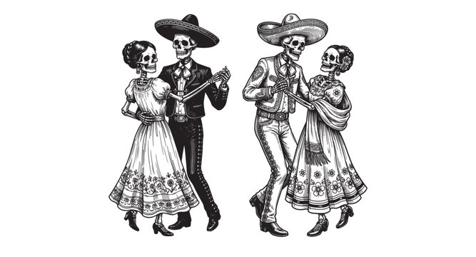 Skeleton man and woman in traditional Mexican clothing dancing for Day of the Dead in a detailed woodcut engraving style.