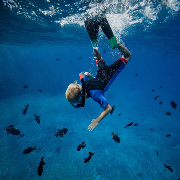 young boy swimming with the fish in hawaii