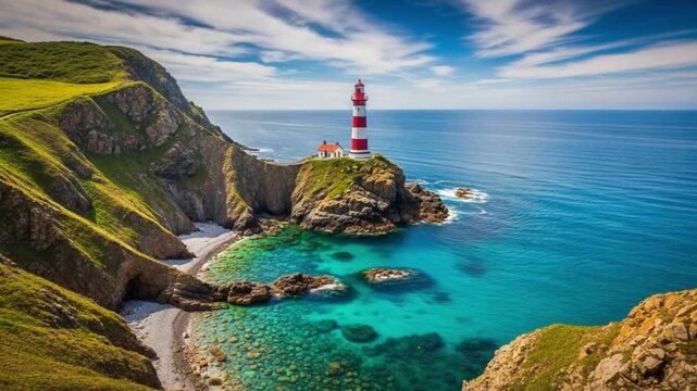 Picturesque lighthouse on a rocky cliffside with clear blue waters and greenery