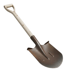 A rusty shovel with a wooden handle standing upright against a white background isolated on transparent background