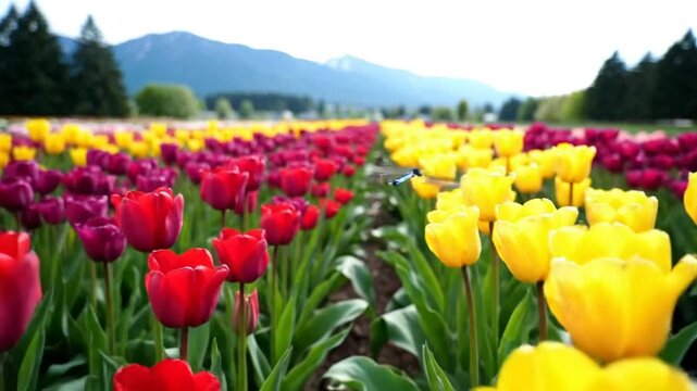 Bright field of colorful tulips with dragonfly flying over vibrant spring flowers and mountain backdrop.