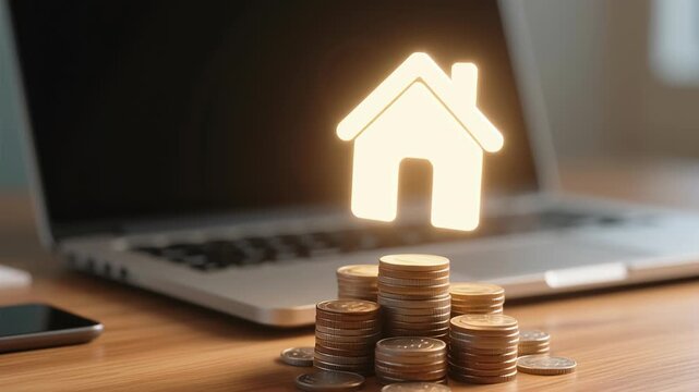 Digital financial planning with smart money habits builds passive income and business productivity, stacked coin savings, house investment, and laptop finance strategies for income growth