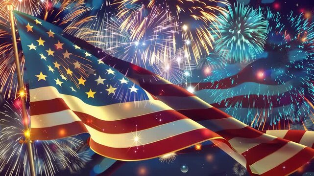 Waving American Flag with Festive Fireworks Display 4K Video