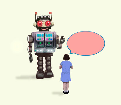 Girl having a conversation with a retro robot and speech bubble