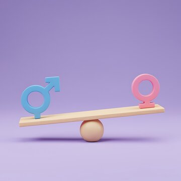 Balance between masculine and feminine symbols on a seesaw  equality concept  gender balance