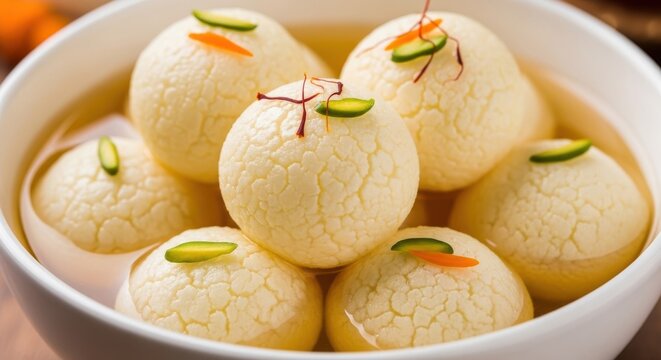 Bowl of Indian dessert rasgulla white balls syrup