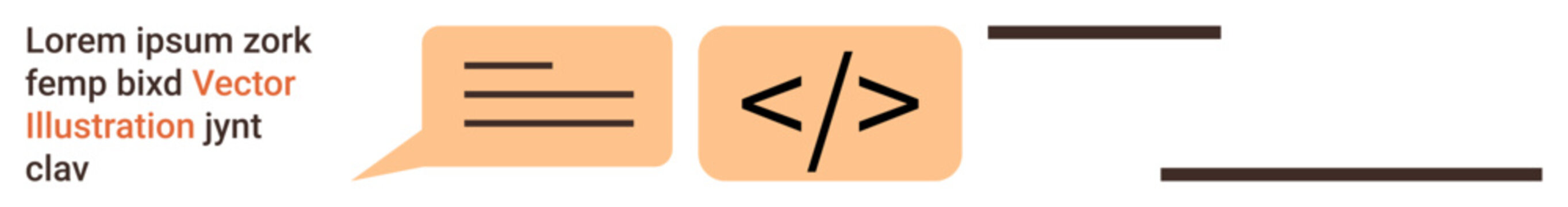 Software development, tech communication, coding, programming education, web design, collaboration tools. Speech bubbles with code and text symbols. Coding and tech communication concept