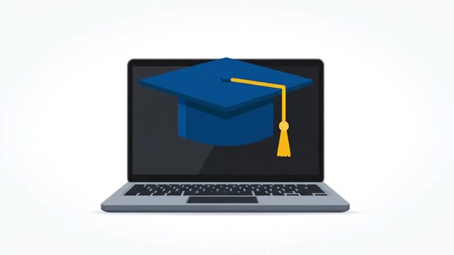 Laptop opening with graduation cap appearing. Flat vector animation representing online education and e-learning with seamless loop.
