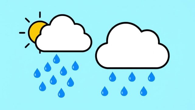 Animated weather icons set including sun, cloud, rain, and storm. Flat vector UI animation with seamless loop and clean design.