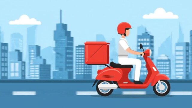 Flat vector animation of courier scooter moving across city. Food delivery service concept with smooth motion and seamless loop.