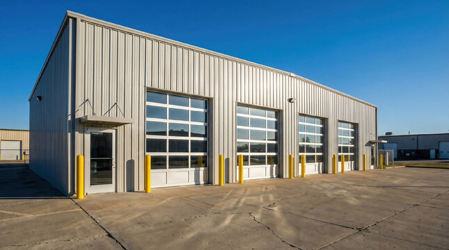 Modern warehouse exterior features multiple large glass overhead doors, small entry door. Yellow bollards stand guard on concrete lot under clear blue sky. Metal siding reflects sunlight