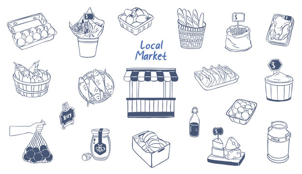 Set of hand drawn vector local market icons doodle collection set