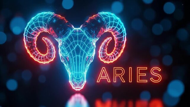 Aries zodiac sign with a neon grid ram head and glowing letters. Modern astrology and horoscope concept for digital media.