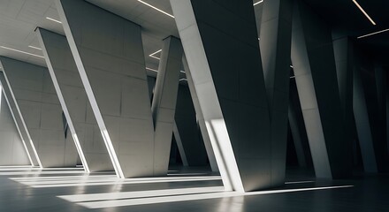 Obraz premium Modern Brutalist Concrete Hall with Angled Columns and Geometric Shadows