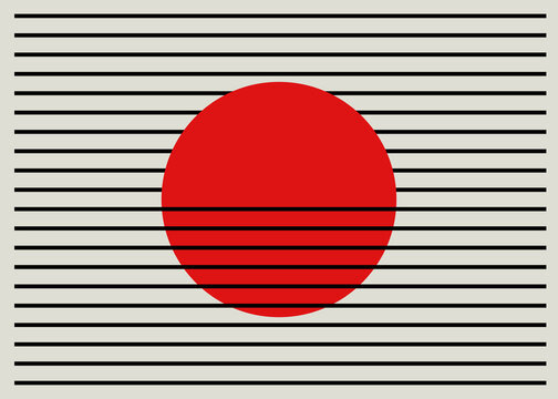 Red geometric circle with black horizontal lines in abstract style